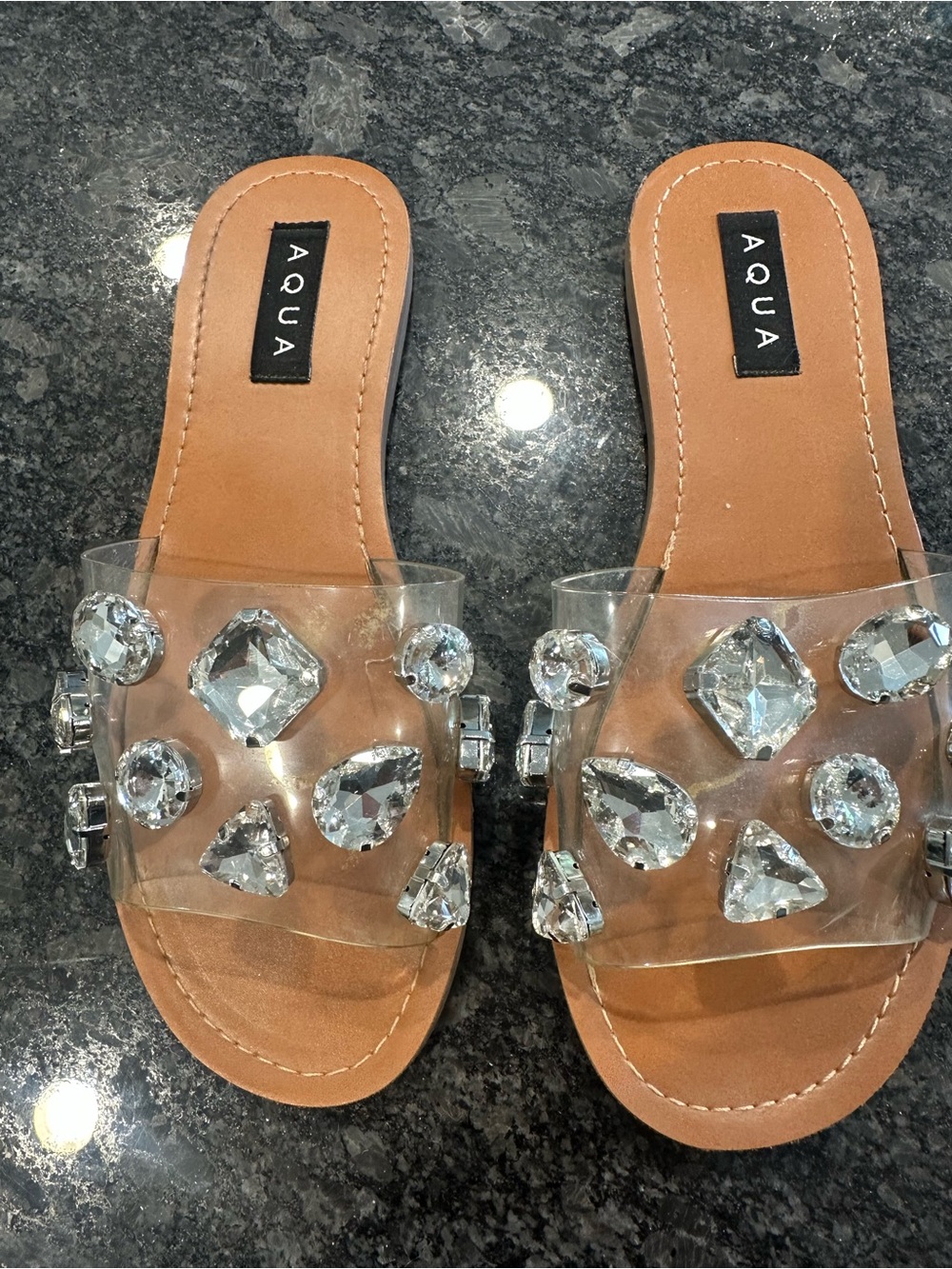 Aqua Brown Slide Sandals with Clear Jewel Embellishments